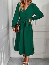 preiswerte abendkleider-Damen Casual kleid Maxidress mit Schnürung Rüsche Verabredung Urlaub Elegant Strassenmode V Ausschnitt Langarm Schwarz Rosa Dunkelgrün Farbe