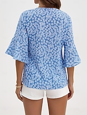 billige Kvinne Grafiske Topper-Dame Skjorte Bluse Dressy topper Blomstret Fritid 3/4 ermer Klokke V-hals Vanlige topper Feriereise Daglig Trykt mønster Gul Blå Grønn Vår sommer