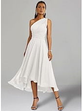 abordables Robes pour invitées de mariage-Robes de Mariage Invité A-Line Robe Élégante Formelle Fête de Mariage Longueur Thé Sans Manches Une Épaule Invité de Mariage Automne Chiffon avec Fronces 2025