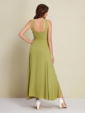 abordables Robe de cocktail-Robe longue de soirée/mariage/cocktail vert armée pour femme, en satin vert, col licou, fente sur le devant, robe asymétrique à volants pour impressionner 2024