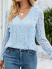 abordables Hauts en dentelle-Hauts en dentelle élégants pour femmes Blouse en œillets Élégant Haut en dentelle uni à manches lanternes à manches longues col en V Hauts romantiques petits pour l&#039;été Vacances de l&#039;été Rose Bleu