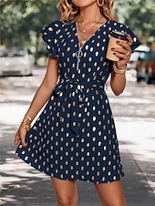 abordables Robes de travail-robe décontractée pour femme à pois, fermeture éclair, imprimé, col en V, mini robe élégante, décontractée, rendez-vous quotidien, manches courtes, été