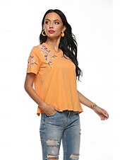 billige Blomster t-skjorte-Thanksgiving Day Dame Boho T-skjorte Blomstret Bohem Fritid Kortermet Lanterne Erme V-hals Lange topper Daglig Ut på byen Helg Gul Oransje Vår