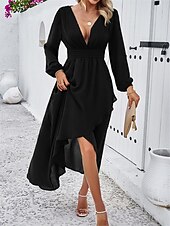 voordelige Chiffon Jurken-Dames Maxi-jurk Casual jurk Cocktail jurk Bruiloft gast jurk Chiffon jurk Elegant Maxi Casual Werk Straat Feestdagen Normale pasvorm Lange mouw V-hals Zwart Rood Marineblauw Groen Herfst