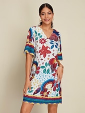 abordables Vestidos florales-Mujer Vestido Estampado Mini vestido Blanco Media Manga Flores Estilo Floral Estampado Verano Escote en Pico Vestidos XS S M