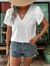 economico Top Semplici da Donna-Per donna Camicia Blusa Tinta unica Elegante Moda Essenziale Manica corta A V Top regolari Giornaliero Pizzo Bianco Estate Primavera
