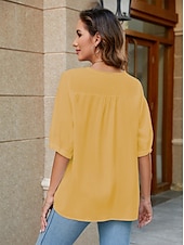 abordables Chemises-Femmes Chemise Chemises inspirées du lin Couleur Unie Fleuri Occasionnel Boho Manche 3/4 Manches au coude Col ras du cou Hauts Réguliers Vacances Soirée Quotidien Broderie Blanche Jaune Kaki Automne