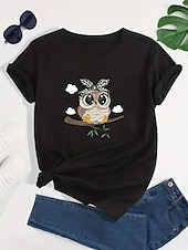 abordables T-shirt Animaux-T-shirt femme 100% coton hibou quotidien décontracté manches courtes noir été