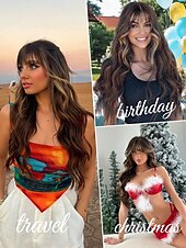 baratos Perucas de festa-peruca marrom com franja para mulheres peruca de cabelo longo ondulado peruca marrom com mechas perucas sintéticas onduladas e cacheadas para meninas uso diário em festas perucas de carnaval