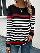billige Stripe og geometrisk t-skjorte-dame t-skjorte uformelt trykk lange ermer vanlige topper rund hals daglig svart blå oransje vår høst