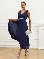 ieftine Rochii Party-Pentru femei Rochie A line Rochie Maxi Șifon Zdrobit Niveluri Invitat la nunta Petrecere cu cocktail Elegant În V Fără manșon Bleumarin Culoare