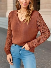 preiswerte Einfarbige Farben-Damen Pullover Elegant Feste Farbe Gehäkelt V Ausschnitt Strick Langarm Normale Oberteile Stricken Täglich Blau Fuchsie Frühling Herbst