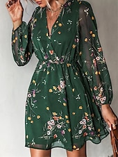 preiswerte Elegante Blumenkleider-Damen Freizeitkleid formelles Kleid Blumendruck V-Ausschnitt Minikleid stilvoll lässig täglich Date Langarm Sommer