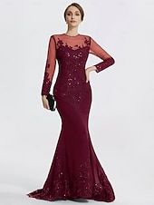 preiswerte SCHWARZ-Meerjungfrau Schwarzes Kleid Abendkleid Paillette Prom Kleid Funkelnd Formal Kleid Sweep  Brush Train Langarm Illusion Hals Spitze mit Applikationen Kleid für 2025 beeindrucken