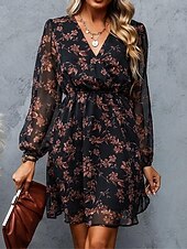 preiswerte Elegante Blumenkleider-Damen Freizeitkleid formelles Kleid Blumendruck V-Ausschnitt Minikleid stilvoll lässig täglich Date Langarm Sommer