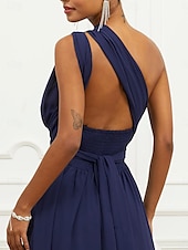 abordables Robes de vacances-Robe Trapèze Femme Robe mi-longue Ruché Ceinturé robe demoiselle d honneur Soirée Cocktail Elégant Grande occasion Une Epaule Sans Manches Ample bleu marine S M L XL 2XL