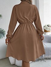 preiswerte schwarzes Midikleid-Damen Arbeitskleidung A Linie Kleid Modisch Täglich Arbeitsmode Bischof Midikleid Gefaltet Taste Hemdkragen Langarm Glatt Regular Fit Schwarz Wein Khaki Frühling Herbst S M L XL