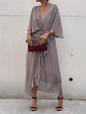 cheap Cocktail Dress-Women&#039;s Chiffon Dress Maxi Dress Chiffon Lace up Ruffle Party Wedding Guest Date Elegant Streetwear V Neck 3/4 Length Sleeve White Blue Green Color