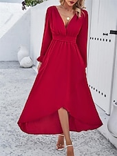 voordelige Chiffon Jurken-Dames Maxi-jurk Casual jurk Cocktail jurk Bruiloft gast jurk Chiffon jurk Elegant Maxi Casual Werk Straat Feestdagen Normale pasvorm Lange mouw V-hals Zwart Rood Marineblauw Groen Herfst
