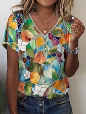 Χαμηλού Κόστους Boho t-shirt-Γυναικεία Μπλουζάκι Γραφική Βασικό Κοντομάνικο Λαιμόκοψη V Κανονικά μπλουζάκια Καθημερινά Σαββατοκύριακο Κουμπιά Με κοψίματα Στάμπα Θαλασσί Πράσινο του τριφυλλιού Χακί