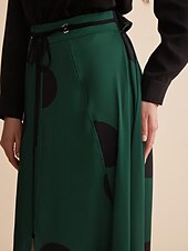 baratos saia feminina-Saia maxi de cetim com bolinhas peplum com cinto e pontas duplas