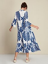 Недорогие повседневное платье с принтом-Жен. Свободное платье Курортная одежда Длинное платье Темно синий Рукав 3/4 Folk Рисунок Весна лето V-образный вырез Отпуск На каждый день S M L