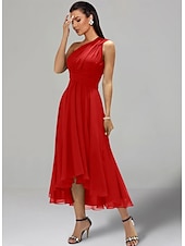 abordables Robes pour invitées de mariage-Robes de Mariage Invité A-Line Robe Élégante Formelle Fête de Mariage Longueur Thé Sans Manches Une Épaule Invité de Mariage Automne Chiffon avec Fronces 2025