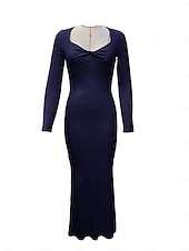 abordables Tendances-Robe longue côtelée moulante décontractée à manches longues pour femmes, col carré torsadé