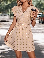 abordables Robes de travail-robe décontractée pour femme à pois, fermeture éclair, imprimé, col en V, mini robe élégante, décontractée, rendez-vous quotidien, manches courtes, été