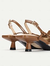 abordables tacones kitten-Tacones con punta en punta para mujer: zapatos de tacón de gatito de cuero marrón y lona beige con detalle de lazo, perfectos para la oficina, fiestas y ropa informal.