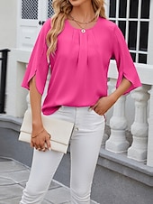 cheap Women&#039;s Plain Tops-Shirt Blouse Women&#039;s White Pink Wine Plain Sexy Street Daily Fashion Round Neck Regular Fit S