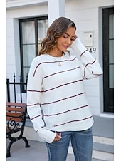 abordables Motifs graphiques et détails-Femme Pull Chandail mode basique Rayé A côtes Col Ras du Cou Bandes manche longue Hauts longs Tricoter Travail Noir Blanche Printemps Automne
