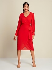 رخيصةأون فساتين الحفلات-فستان شيفون أحمر سادة لحفلات الزفاف/حفلات الضيوف برباط أمامي ملفوف بأكمام طويلة طقم فستان لإبهار 2024