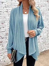 cheap Cardigans &amp; Outerwears-Women&#039;s Cardigan Coat Daily Solid Color Ribbed Open Front Knitted Long Sleeve Regular Tops Knit Daily Blue Purple Spring Fall