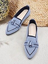 billige Flate sko til kvinner-kvinners blå strikkede, spisse tåflater med sløyfe – komfortable slip-on loafers for fritidsbruk og hverdagsbruk