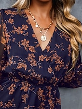 preiswerte Elegante Blumenkleider-Damen Freizeitkleid formelles Kleid Blumendruck V-Ausschnitt Minikleid stilvoll lässig täglich Date Langarm Sommer