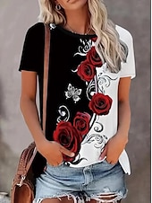preiswerte Blumen-T-Shirt-Damen T-Shirt lässig Blumendruck Kurzarm normale Oberteile Rundhals täglich schwarz und weiß Sommer