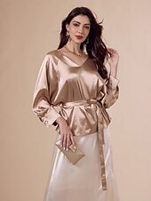 baratos Blusas e Camisas-blusa elegante decote em v com cinto dourado de cetim