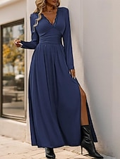 ieftine rochie maxi neagra-Pentru femei Rochie neagra Rochie Maxi Dantelă Zdrobit Dată Casual În V Manșon Lung Negru Roșu-aprins Albastru piscină Culoare
