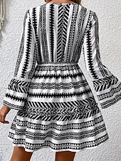 economico Abiti casual floreali-abito midi da donna con stampa geometrica e scollo a V, manica a 3/4, primavera autunno