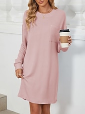 billiga midi svart klänning-Dam Arbetsklänning Skiftklänning Mode Kontor Mini klänning Ficka Rund hals Långärmad Slät Lös passning Svart Rodnande Rosa Himmelsblå Sommar Vår S M L XL 2XL
