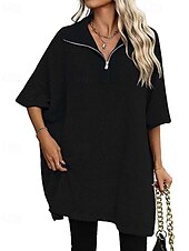 preiswerte Einfarbige Farben-Damen Pullover Brautkleider schlicht Feste Farbe Troyer Halber Reißverschluss Zip Halbe Ärmel Lange Oberteile Stricken Täglich Schwarz Beige Herbst Winter
