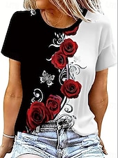 preiswerte Blumen-T-Shirt-Damen T-Shirt lässig Blumendruck Kurzarm normale Oberteile Rundhals täglich schwarz und weiß Sommer