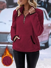 billiga Fuzzy Sweatshirts-Dam Ledigt Långärmad Hög hals Vanliga toppar Gata Vardag Dragkedja Ficka Vit Vin Blå Purpur Höst Vinter