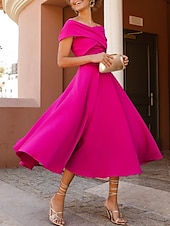 abordables Robes de cocktail-Robes de cocktail en A mariage à la plage robe élégante longueur thé sans manches épaule dénudée invité d&#039;automne tissu extensible avec fente froncée robes Derby 2025