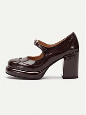cheap 1950s-Women&#039;s Brown Patent Leather Mary Jane Block Heel Pumps with Brogue Detailing - Vintage-Inspired Dress Shoes for Office and Evening Wear