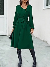 preiswerte Kleider für die Arbeit-Elegantes Midikleid für Damen in Dunkelgrün, lange Ärmel, mit Gürtel, V-Ausschnitt, Knopfdetail, lässige A-Linie, fließend, vielseitig einsetzbar, Herbst/Frühlings-Kleidung