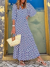 Недорогие Полосатые и геометрические платья-женское платье макси с геометрическим принтом и v-образным вырезом, рукав-фонарик, повседневное, для отдыха, рукав длиной 3/4, лето-весна