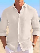 cheap Men&#039;s Button Up Shirts-Men&#039;s Shirt Waffle Shirt Summer Shirt Casual Shirt Button Up Shirt Untucked Shirts Black White khaki Light Blue Long Sleeve Plain Lapel Vacation Daily Clothing Apparel Cotton Fashion Casual