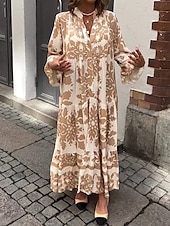 levne Elegantní květinové šaty-dámské šaty na směnu grafický potisk košile límeček maxi šaty elegantní stylové denní dovolená dlouhý rukáv léto jaro